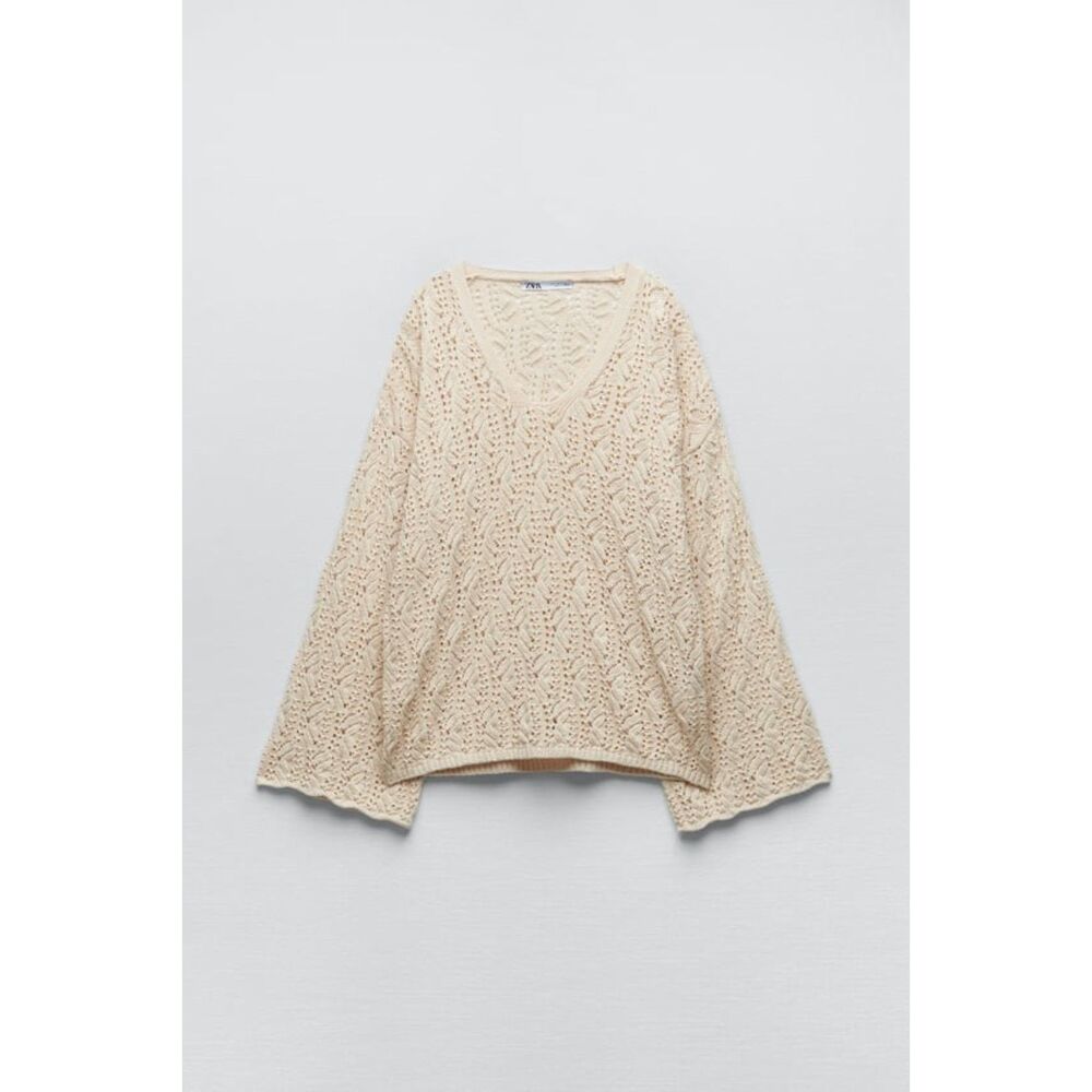 Cream Zara Open-Stitch Knit V-Neck Flare Long Sleeve Pullover Sweater (NWT)